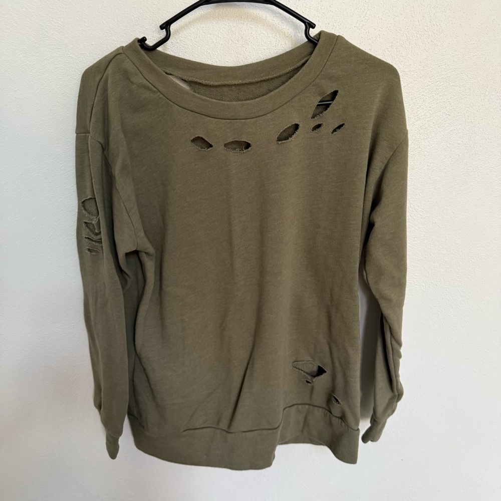 Mossimo Supply Co. Olive Green Distressed Sweatshirt - Picture 2 of 8